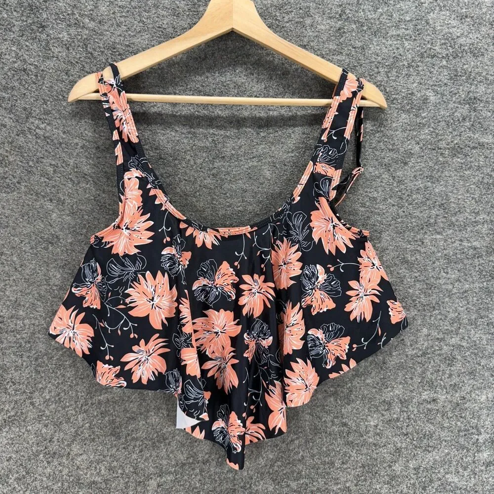 Unbranded Swim Top Women L Large Black Floral Sleeveless Wide Strap Swimwear